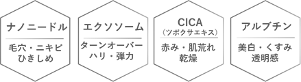 【ナノニードル】毛穴・ニキビ・ひきしめ、【エクスソーム】ターンオーバー・ハリ・弾力、【CICA（ツボクサエキス）】赤み・肌荒れ・乾燥、【アルブチン】美白・くすみ・透明感